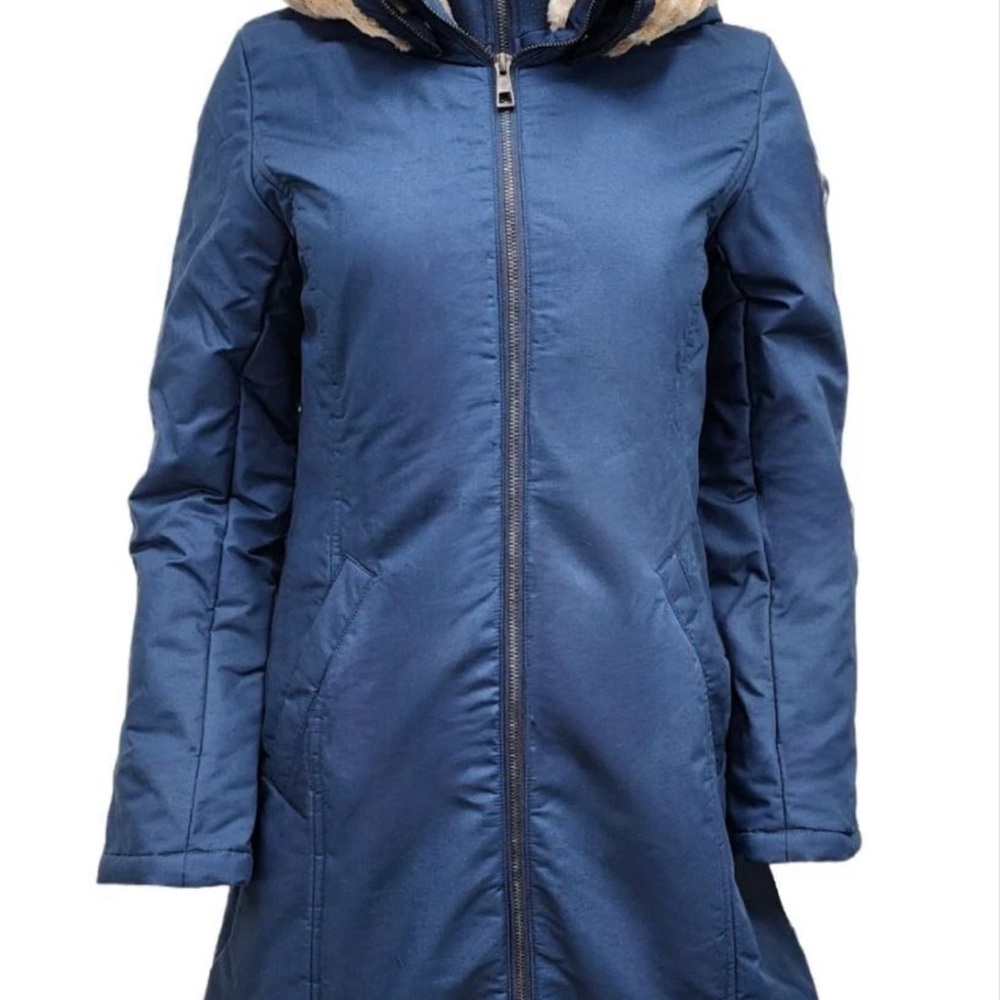 New HoodLamb Women’s Navy 2-1 Long Puffer Jacket, Natural Hemp Inner Vest, XS